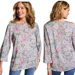 J. Jill Hummingbird Printed Satin Top Floral Spring Blouse Flutter Sleeve Size S